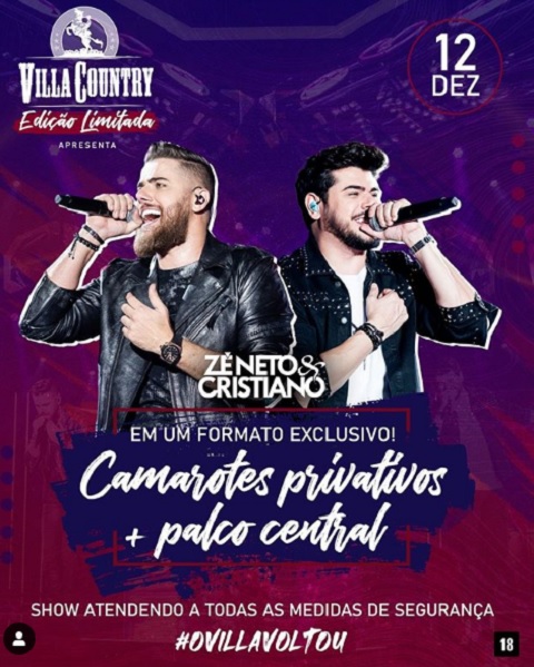 Zé Neto e Cristiano anunciam 1.º show Villa Country presencial