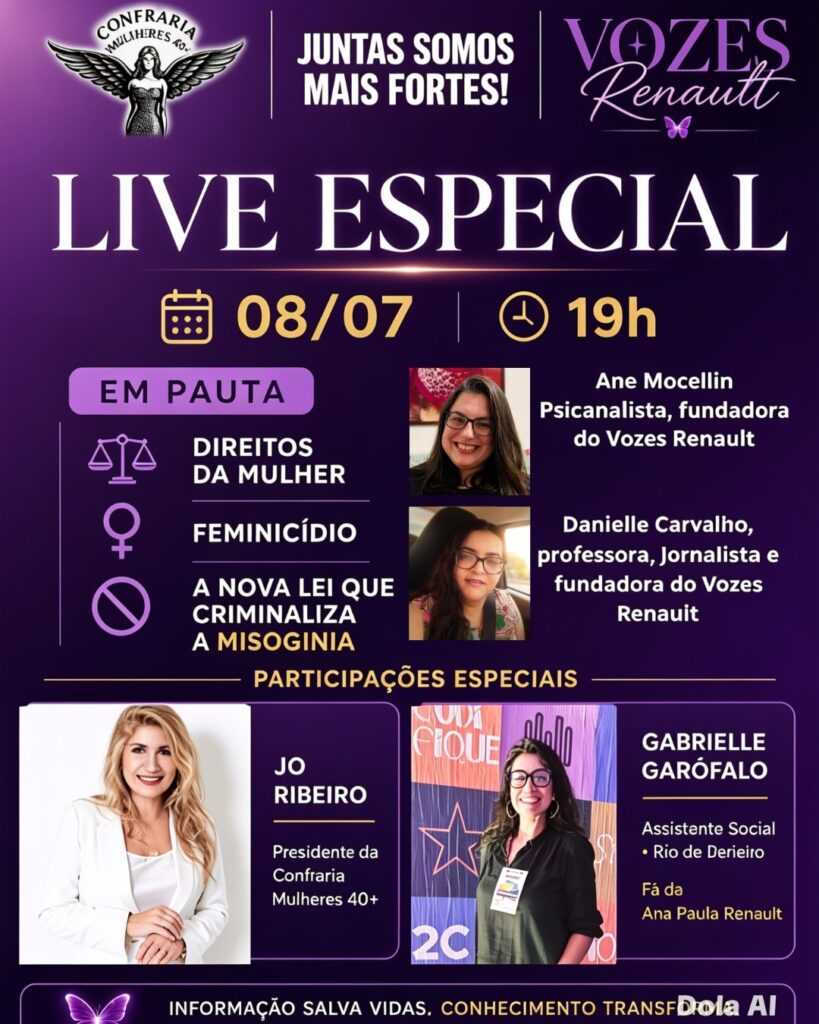 Vozes Renault e Confraria Mulheres 40+ promovem live especial sobre direitos das mulheres, feminicídio e combate à misoginia