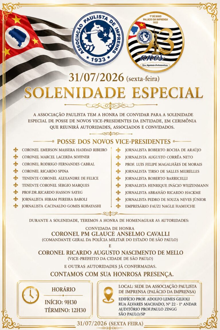 Associação Paulista Imprensa realiza solenidade de posse de novos vice-presidentes nesta sexta-feira (31)
