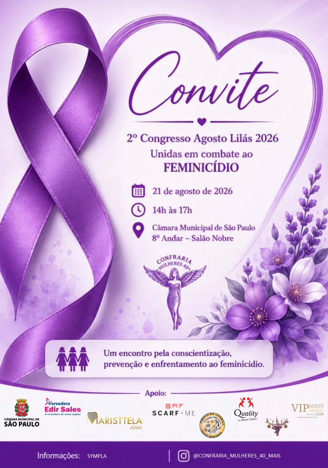 Confraria Mulheres 40+ reúne autoridades e especialistas em 2º Congresso Agosto Lilás 2026com o tema "Unidas em Combate ao Feminicídio"