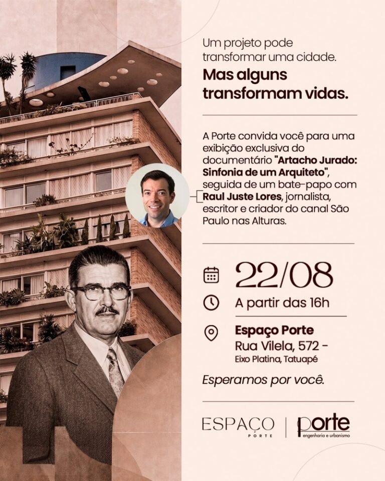 Porte promove sessão especial do documentário sobre Artacho Jurado e debate sobre arquitetura, cultura e cidade no Espaço Porte, no Tatuapé  